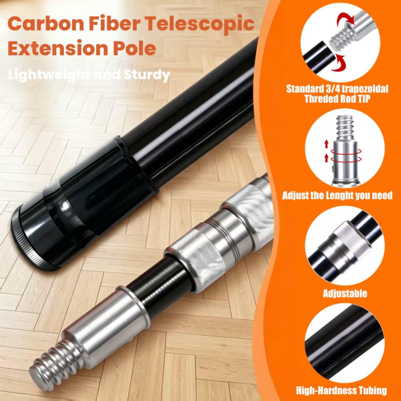 Fibre de Carbone Perche Télescopique 8m Tête de Loup Plumeau | Perche télescopique 8m fibre carbone ultralégère-résistante, idéale pour nettoyage haute hauteur plafonds toiles d'araignées