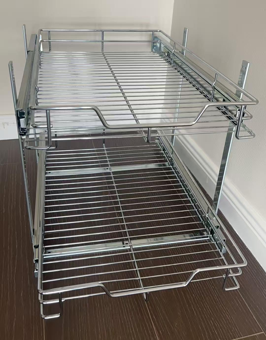 EZKAZA Pull Out Cabinet Organizer 14.5" W x 21" D, 2-Tier Kitchen Cabinet Pullout Shelf and Drawer Organizer Slide Out Pantry Storage Basket, 12.2" W x 21" D x 2.4" H for Bottom Basket Size