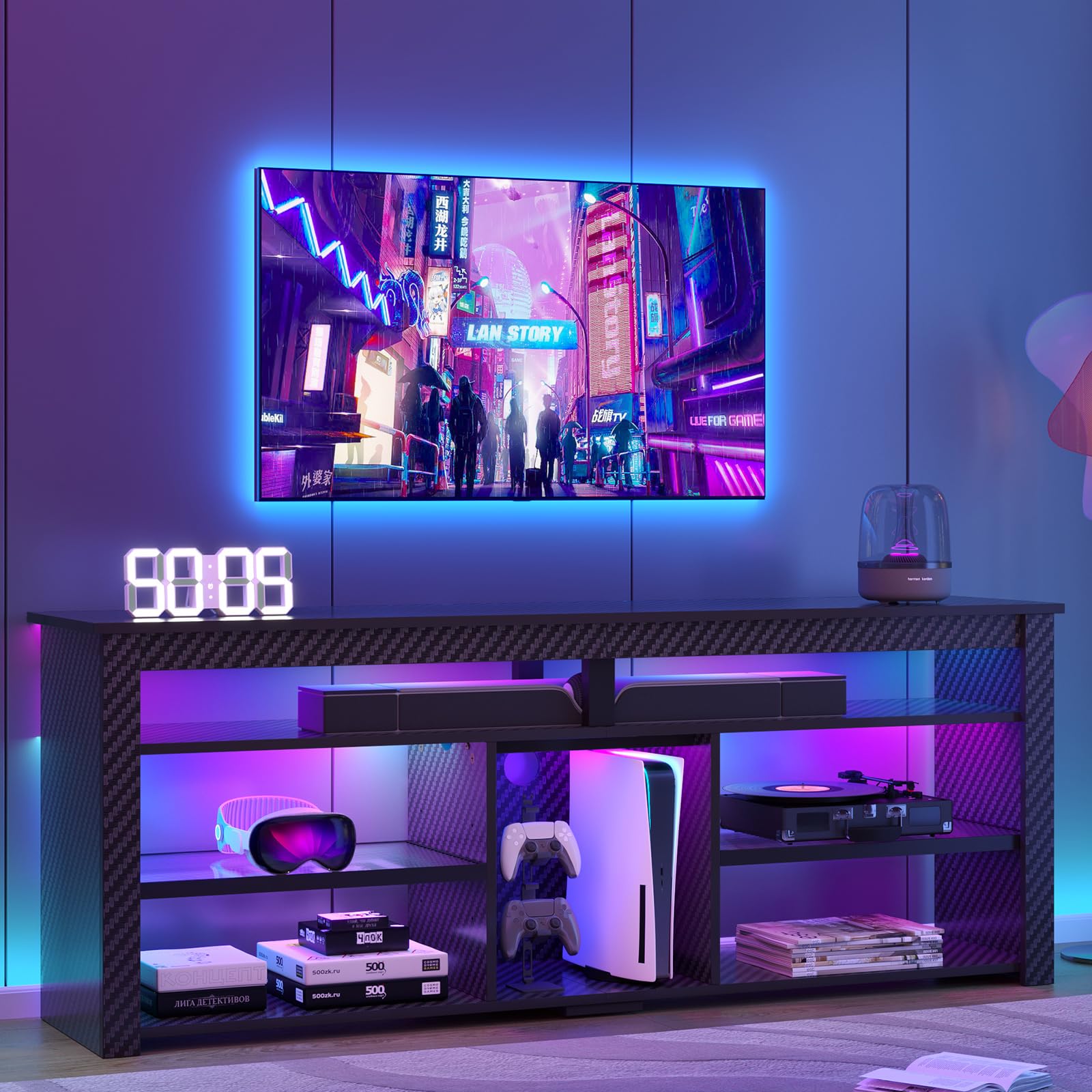 Bestier TV-Ständer für 70-Zoll-Fernseher, hohes Entertainment-Center mit 2 LED-Leuchten, Gaming-TV-Konsole mit Stauraum für PS5, moderner TV-Schrank für Schlafzimmer, Wohnzimmer, Schwarze Kohlefaser