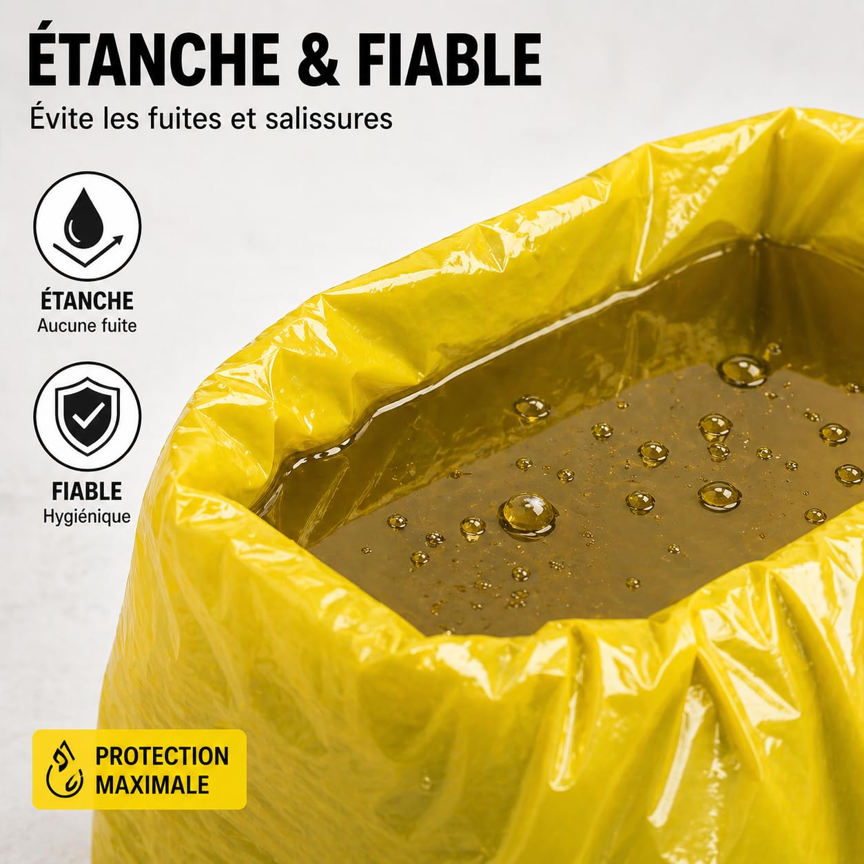 Bolsa de basura amarilla 50 l | 100 bolsas de basura de 50 litros (2 rollos de 50 bolsas amarillas) | Resistente (14 µ) e impermeable | Papeleras Oficinas – Cocina | Cierre de lazo para atar |