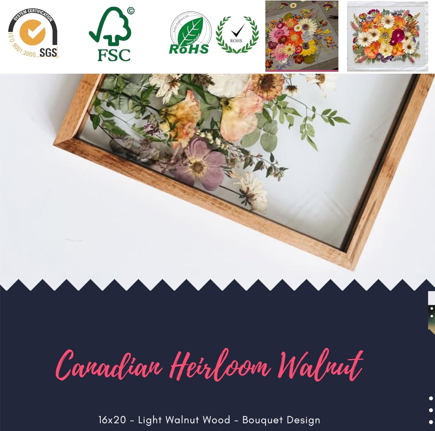 Floating Frames 16x20 Walnut Wood Shadow Box Frame For Pressed Flower Floater Double UV Glass Pressed Flower Floating Frame 20x24 Bouquet Frames For Wedding Memory