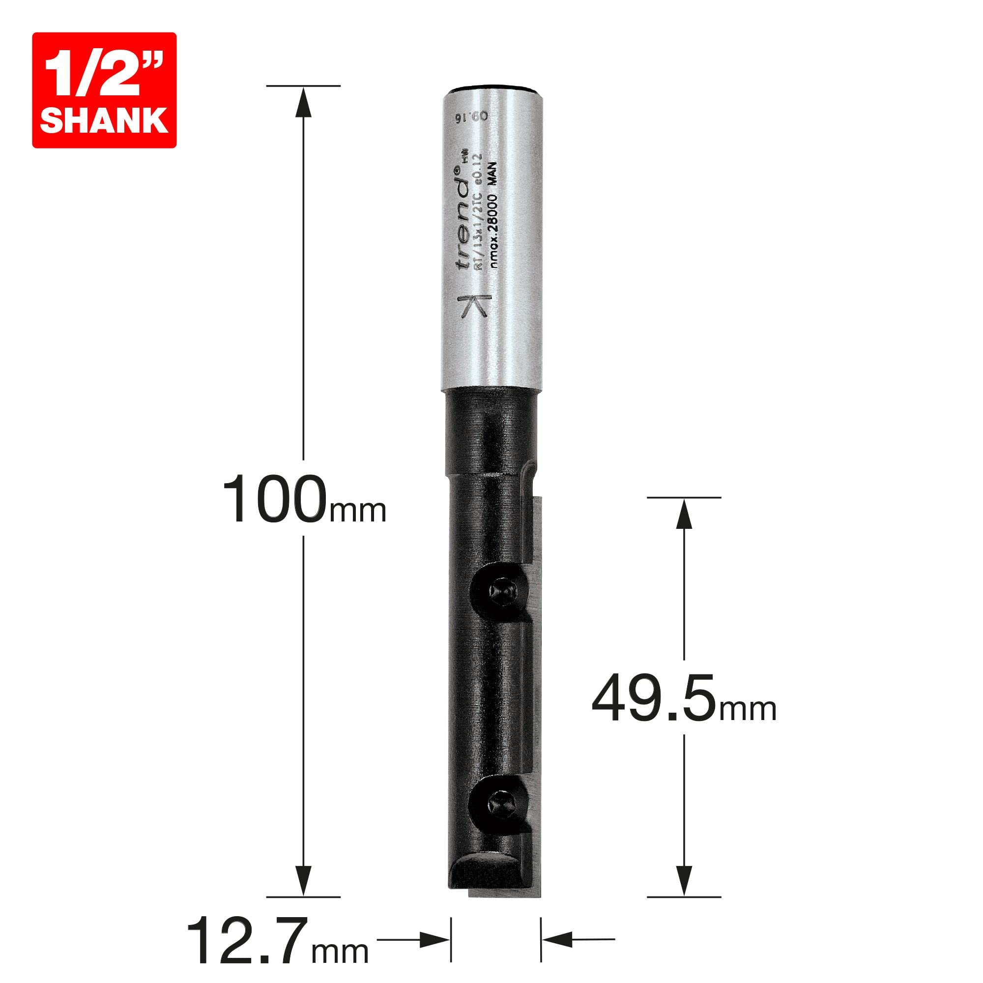 Trend Profesjonalny frez prosty z pojedynczym ostrzem Rota-Tip, trzpień 1/2 cala, średnica cięcia 12,7 mm i długość cięcia 49,5 mm, RT/13X1/2TC