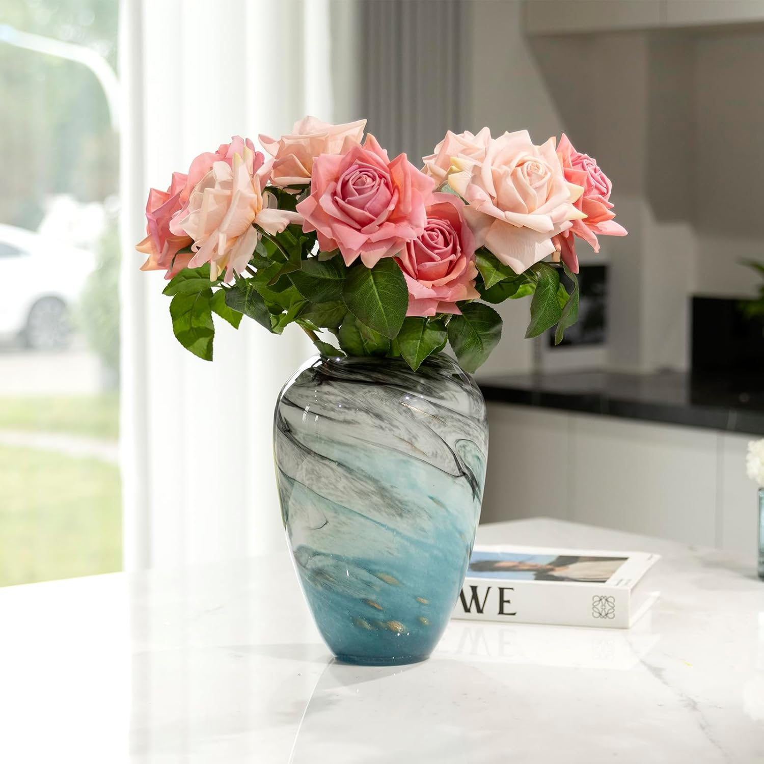 11" H Teal Glass Vases for Flowers, Unique Hand Blown Glass Vase Blue Home Decor, Wide Mouth Colorful Flower Vase Centerpieces, for Living Room Table Bookshelf, Bathroom Office Shelf Decorative - Image 8