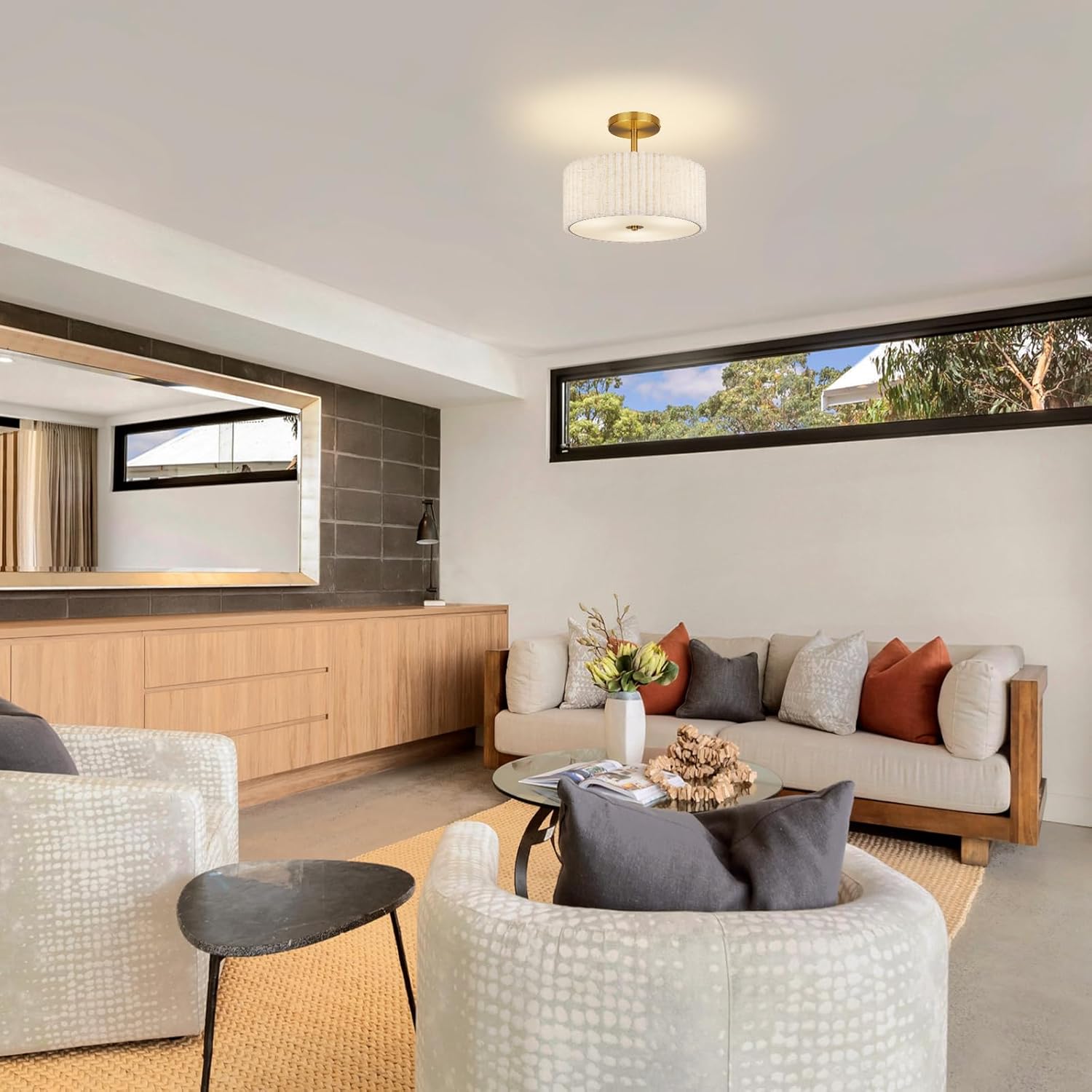 Mid Century Modern Semi Flush Mount Ceiling Light with Pleated Fabric Shade, 12.5 in Drum Gold Light Fixture with Lights, Beige White Linen Lamp for Bedroom, Living Room, Dining Room, Hallway