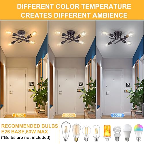 Miniatura 7 de SunRider Luminaria Industrial de Techo Semiempotrada de 4 Luces, Luces de Techo de Granja de Bronce, Lámpara de Araña Sputnik de Metal Rústico para
