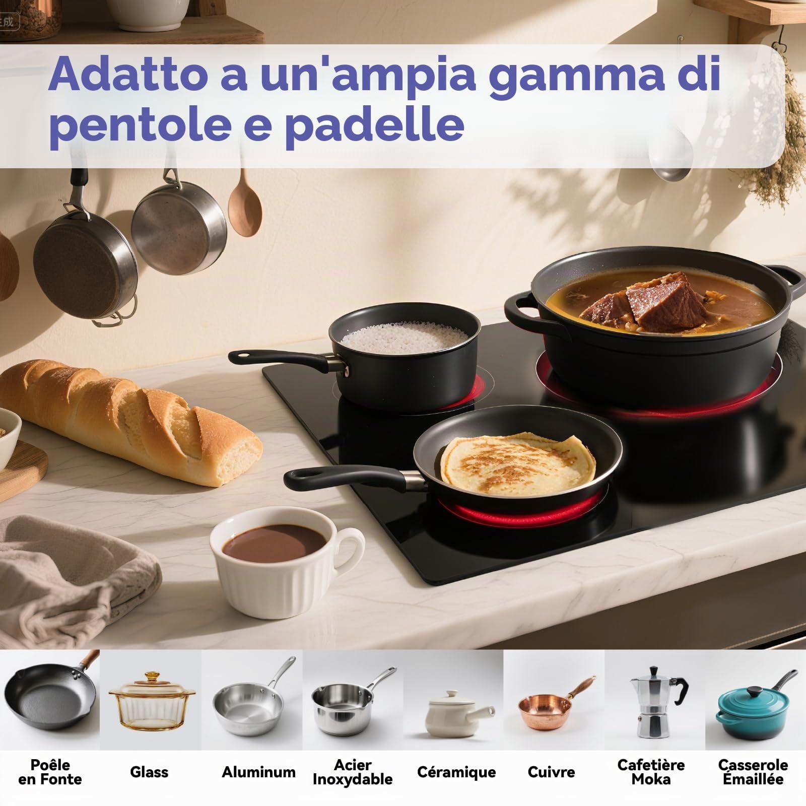 STARCHARTS Piano Cottura Vetroceramica 3 Fuochi 59 cm 5700 W 3 Anelli ILVA. | Incasso, blocco bimbi, 9 livelli, triplo anello, vetro ILVA, facile pulizia, calore residuo, spegnimento auto, 59 cm, 5700 W.