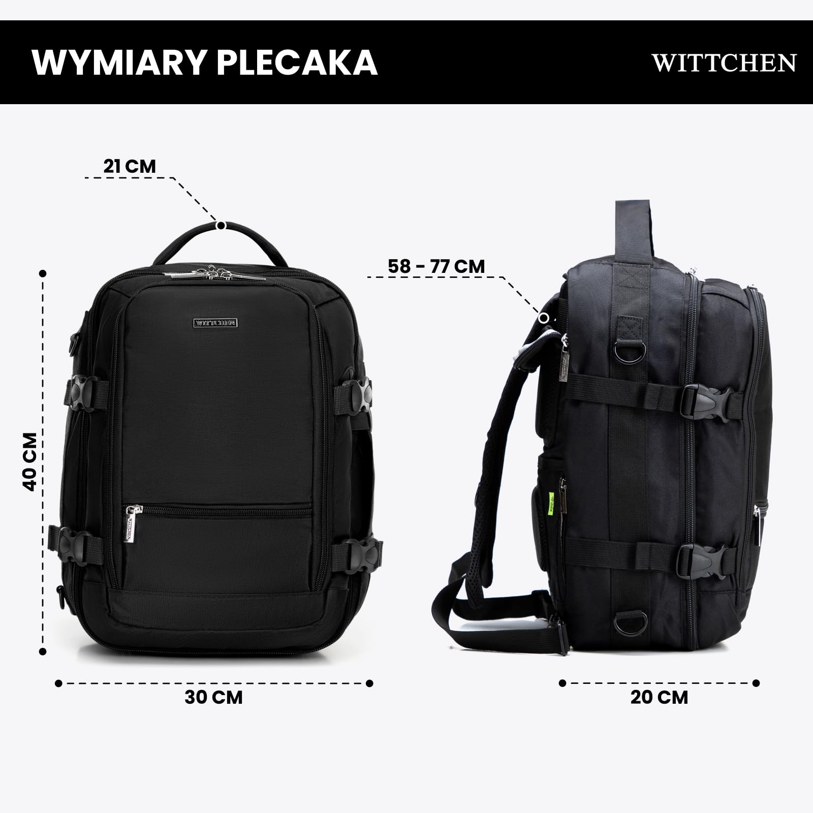 WITTCHEN Wielofunkcyjny Plecak Torba Podróżna 2w1 Czarny, Bagaż Podręczny 40x30x20 cm, Plecak do Samolotu z Kieszenią RFID i Przegrodą na Laptopa 14,5”, Poliester