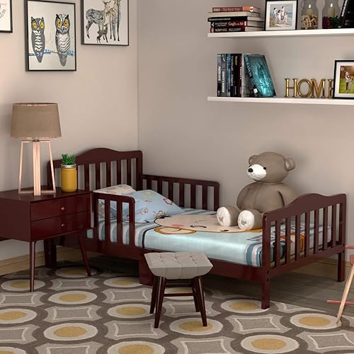 Vista 2 de Estructura de cama de madera de Costzon, para niños pequeños, con cerca de seguridad, Cereza