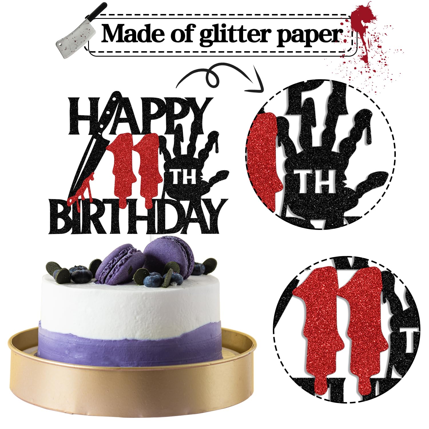 Halloween Happy Birthday Cake Topper - Glitter Cardboard Decoration For 11th Birthday Party - View #3