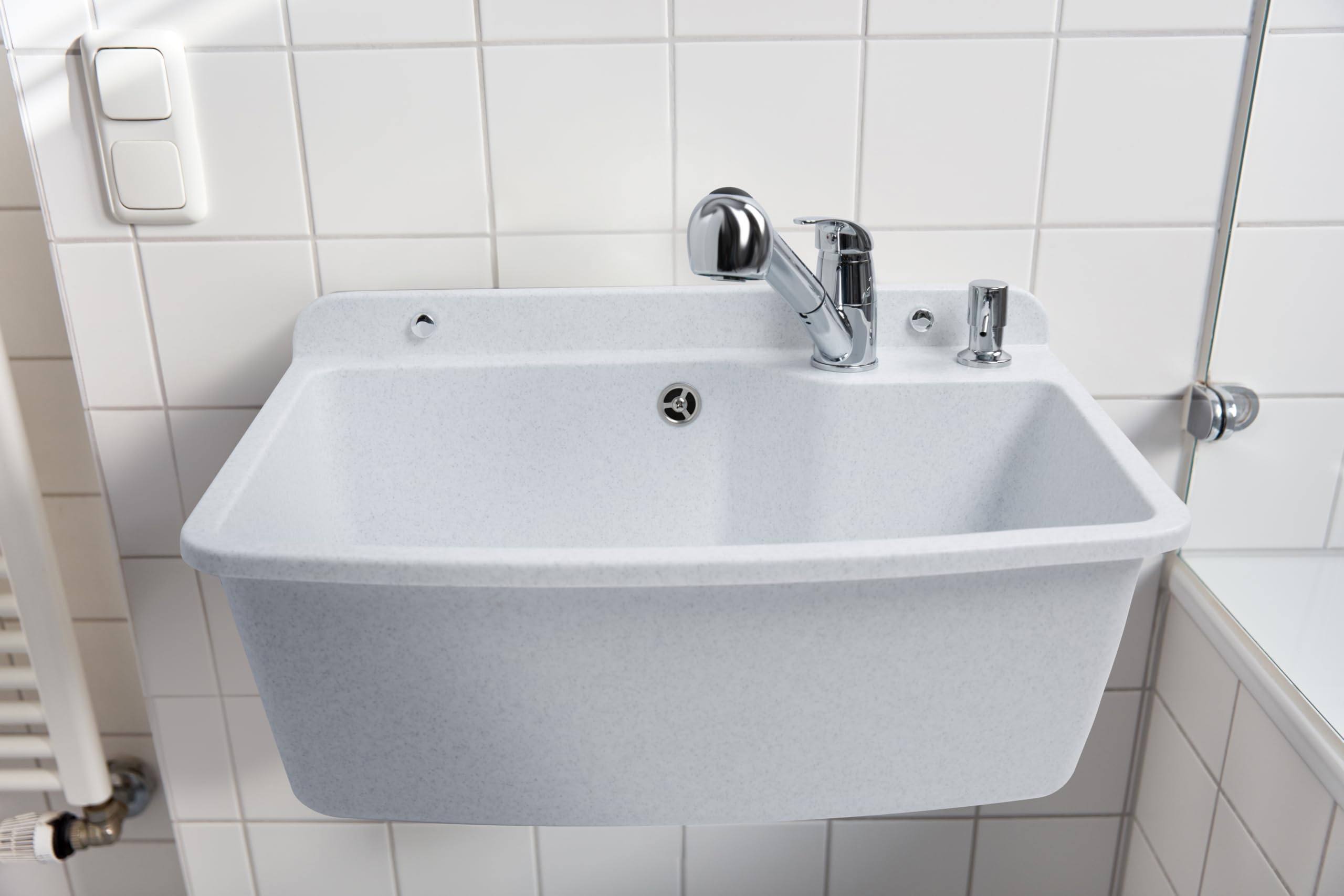 ADGO Lavello da Cucina a Camera Profonda per Uso Domestico con Batteria, Rubinetto e Contenitore per Dispenser di Sapone, per Giardino, Garage, Cantina, Bagni, Officina, Fabbrica Industriale, Bianco