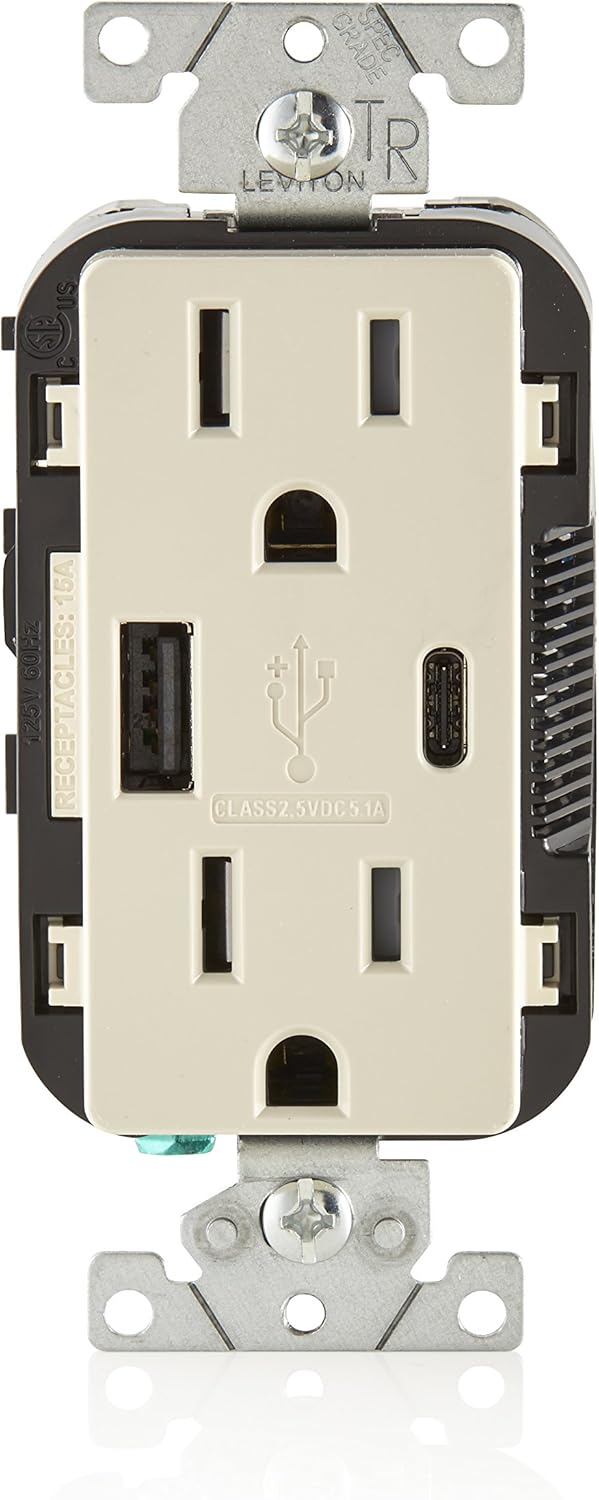 Leviton T5633-GY 15-Amp Type A & Type-C USB Charger/Tamper Resistant Outlet, Not for Laptops, Gray with Screwless Wallplates, 2-Pack
