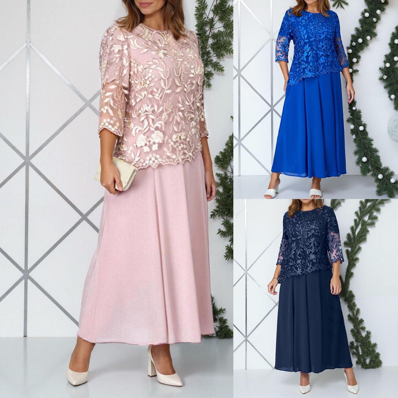 Vestido de gasa para mujer, manga grande, cuello redondo, vestido de noche, largo hasta la rodilla, vestido de cóctel, vestido de cóctel fluido, vestido de noche, elegante, vestido de noche suelto
