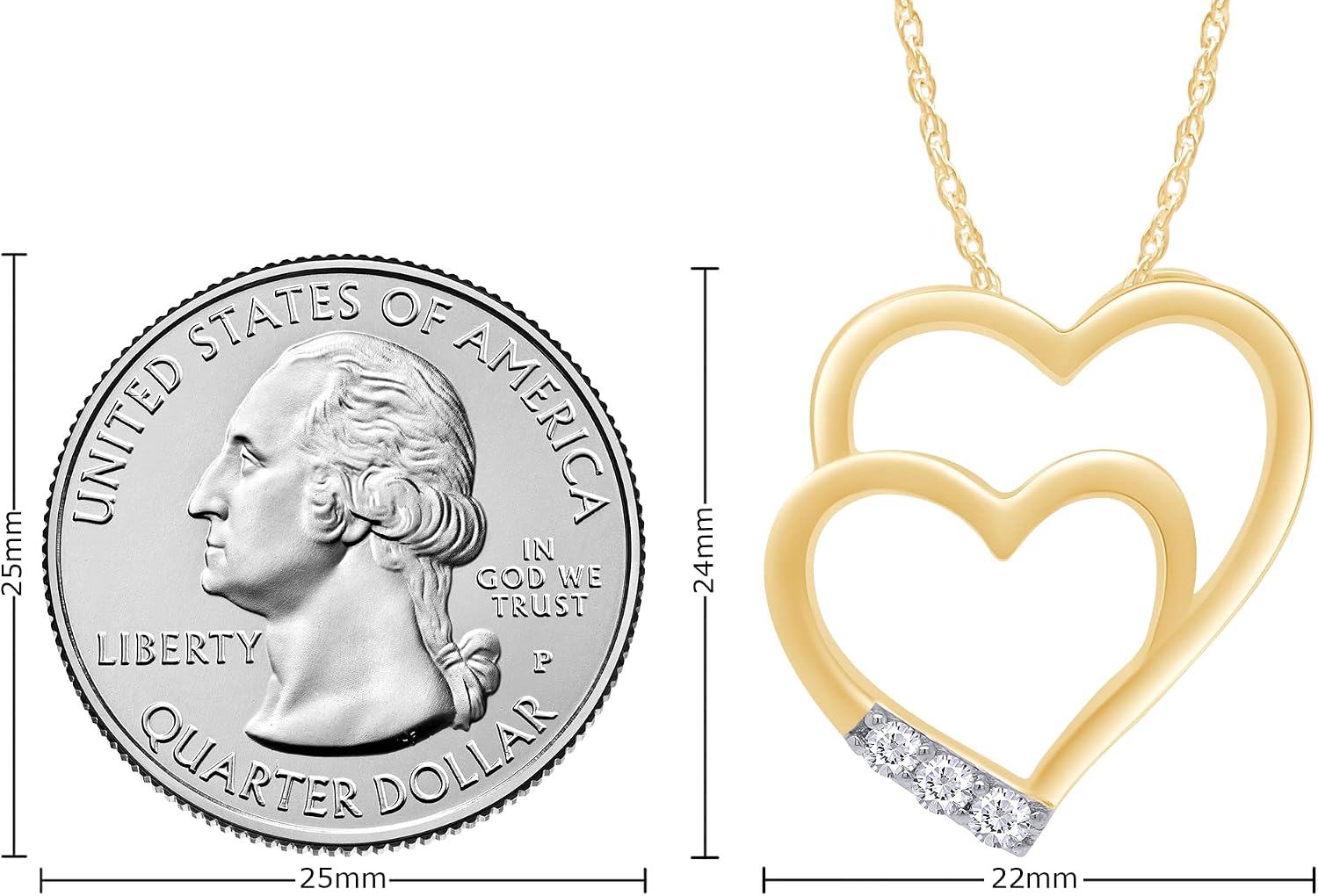 Adorable 1/10 CT TW Lab Grown Diamond Double Heart Necklace Pendant For Women Lab Diamonds In 14K Gold Plated 925 Sterling Silver Accompanied By 18" Rope Chain