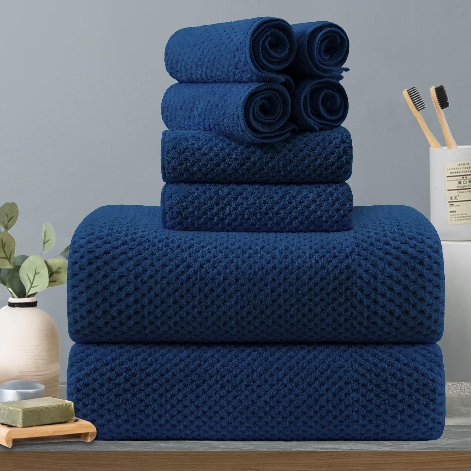 8-Piece Navy Bath Towels Set,2 Oversized Large Bath Towels Sheet,2 Hand Towels and 4 Washcloths - 600 GSM Soft Luxury Towel Set,Highly Absorbent Quick