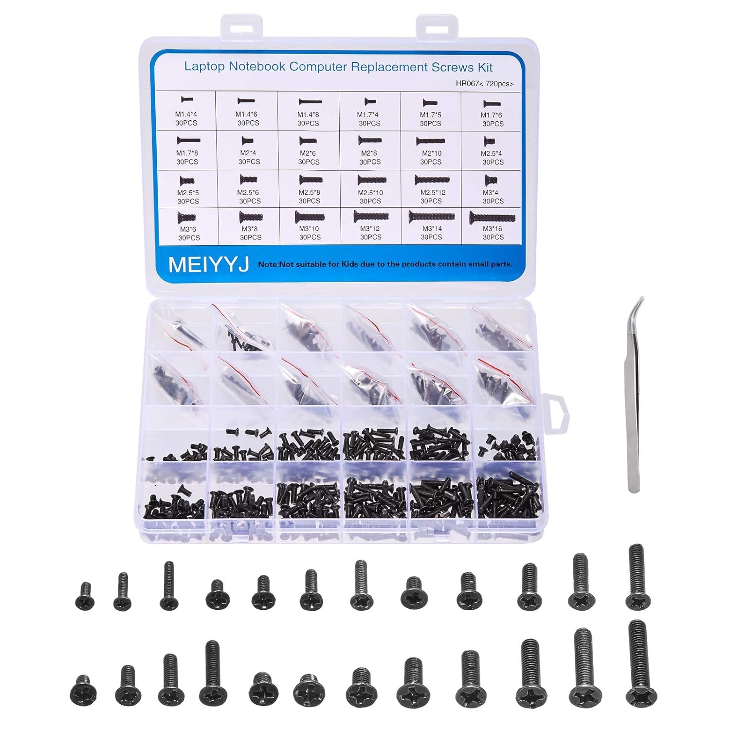 VNJ ACCESSORIES 720pcs Laptop Notebook Screws Set,Replacement Computer Screws Kit,M1.4,M1.7,M2,M2.5,M3 countersunk Flat Head Phillips Mini Screw Set for Electronic Repair.