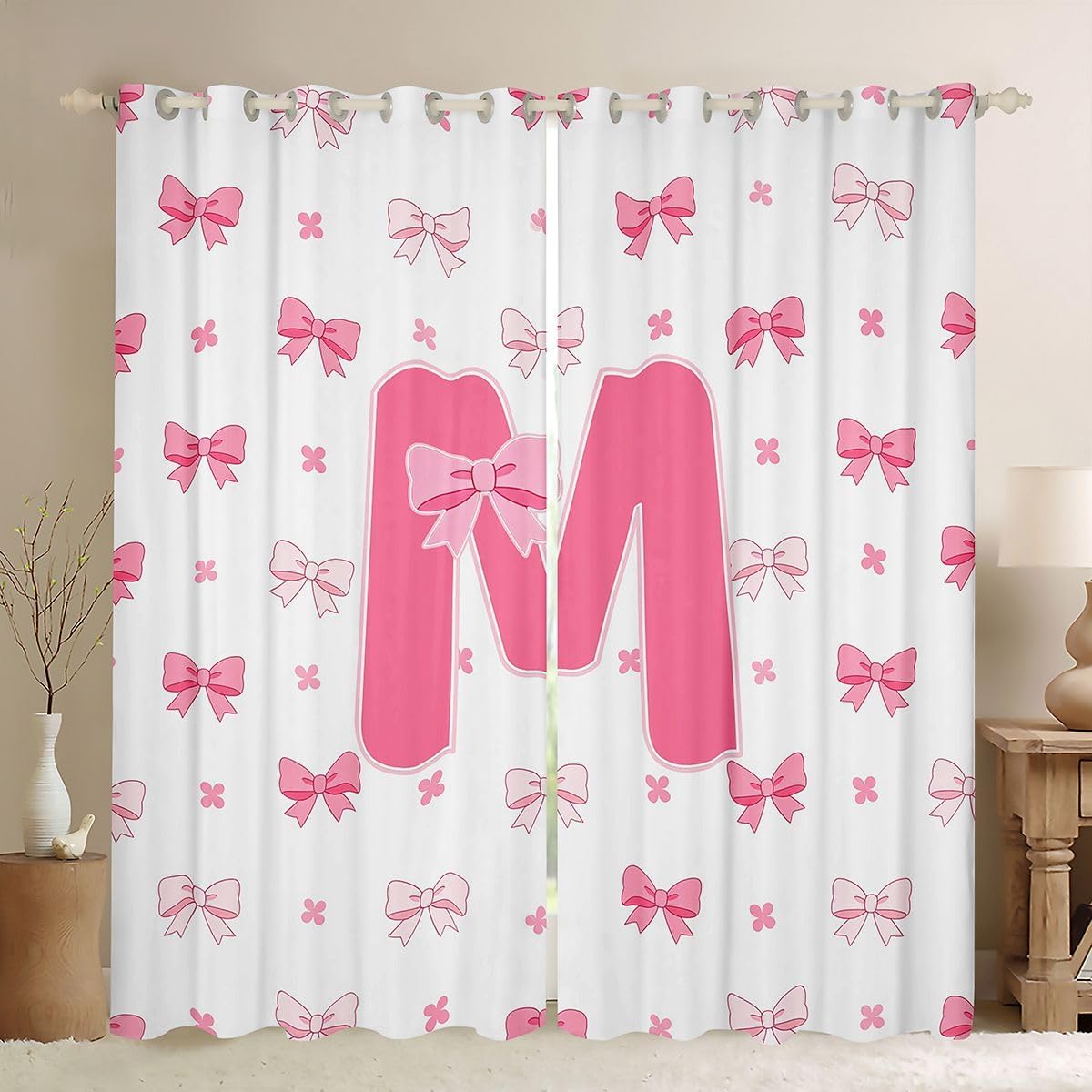 Feelyou Pink Bow Curtains for Bedroom Living Room Cute Kawaii Blackout Darkening Drapes Personalized Letter M Window Treatments, 2 Panels 42 x 90 Inch Room Decor