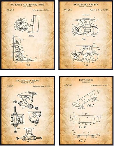 Skateboarding Art - Patent Wall Decor Poster Set - Home or Apartment Decoration for Kids or Boys Bedroom, Game or Living Room - Gift for