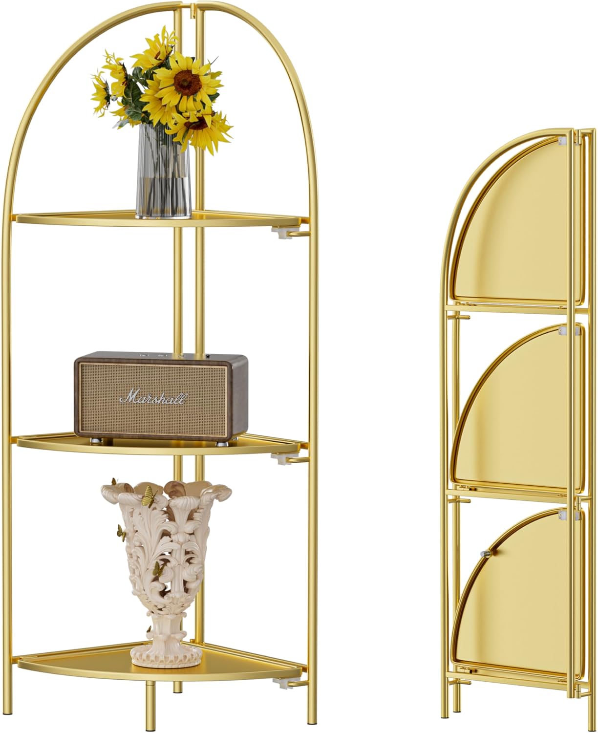Crofy Foldable 3 Tier Corner Shelf, Metal Corner Plant Stand with Gold Frame and Gold Shelves, Corner Display Rack Multipurpose Shelving Unit for Living Room, Bedroom, Bathroom Gold Frame & Gold Shelf 3 Tier