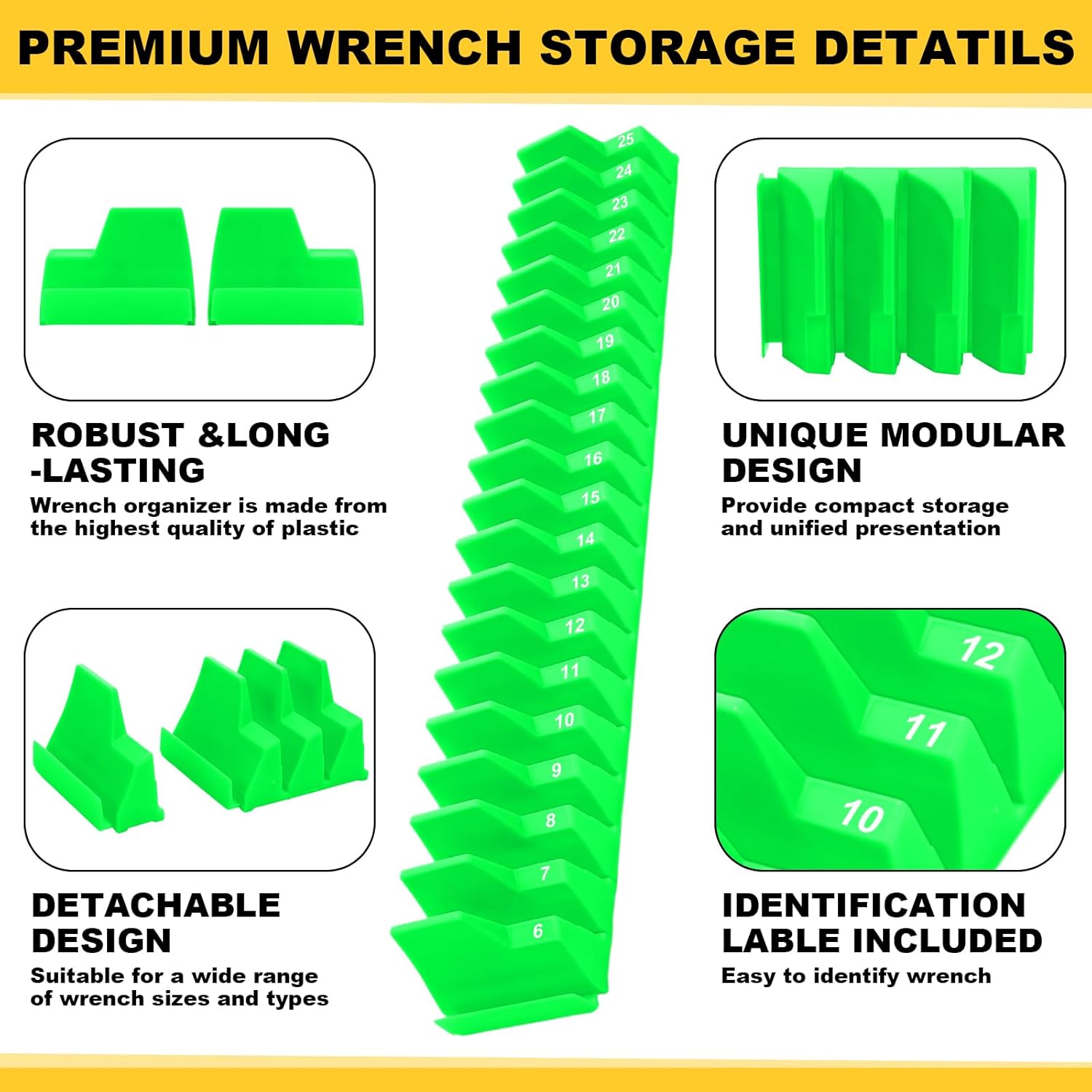 Chunful 100 pcs Modular Wrench Organizer Holder Wrench Tool Organizers Storage Racks Set with Metric & SAE Label for Tool Box Drawer Storage for Father Brother Professional Mechanics Men (Green)