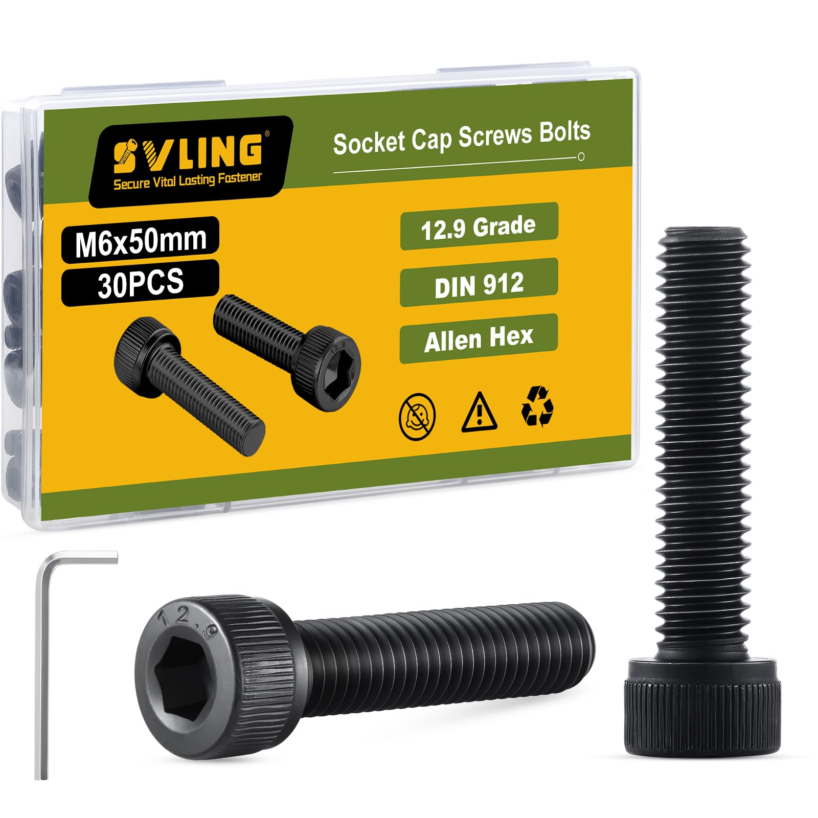 - M6-1.0 x 50mm Bolt, 30PCS M6 Hex Socket Head Cap Screws Bolts, 12.9 Grade Alloy Steel, Full Threads, Allen Socket Drive, with Hex Spanner