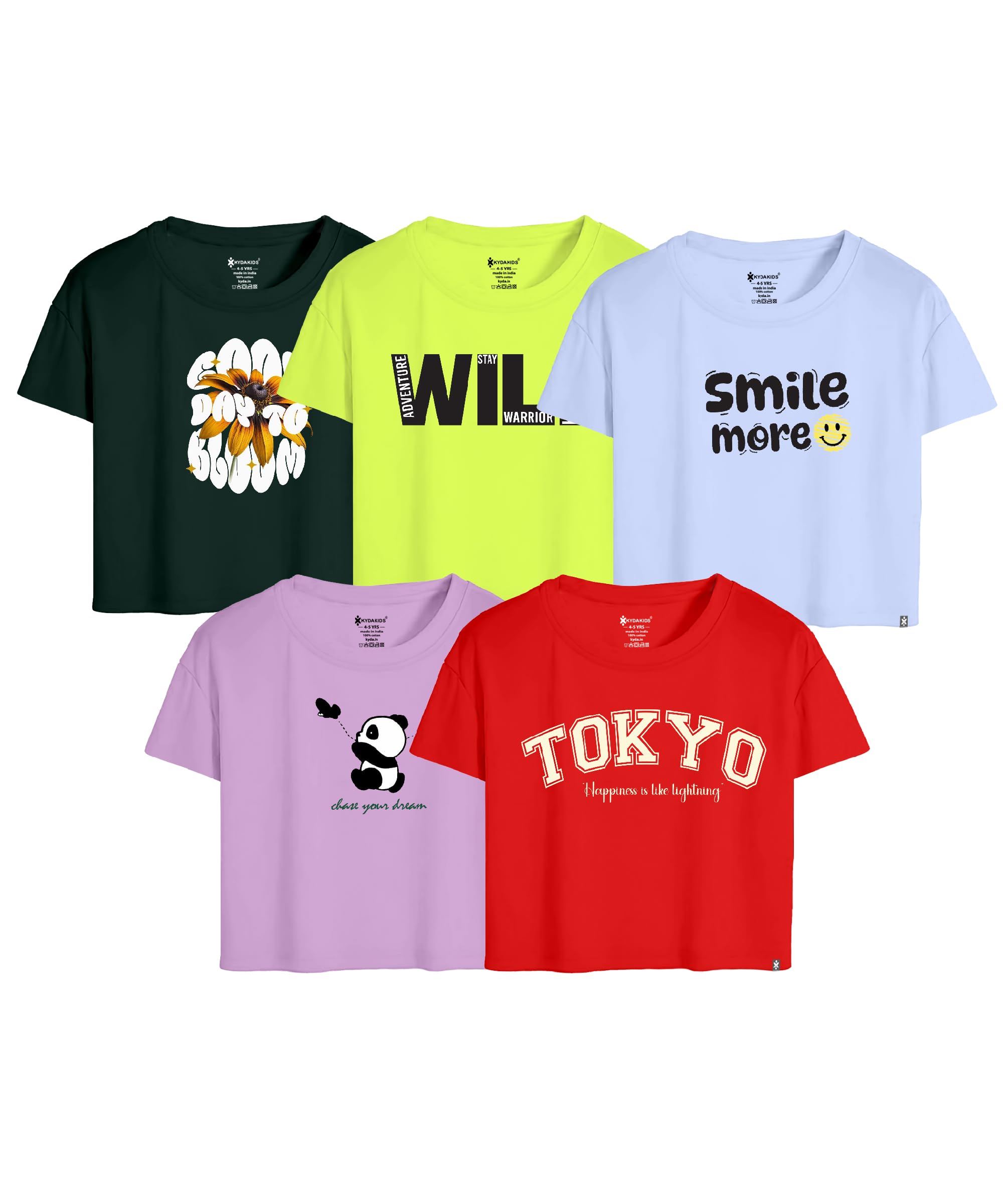KYDA KIDS® Top corto per ragazze, 100% cotone, maglietta elegante con stampa a mezza manica, vestibilità regolare per ragazza (confezione da 5)