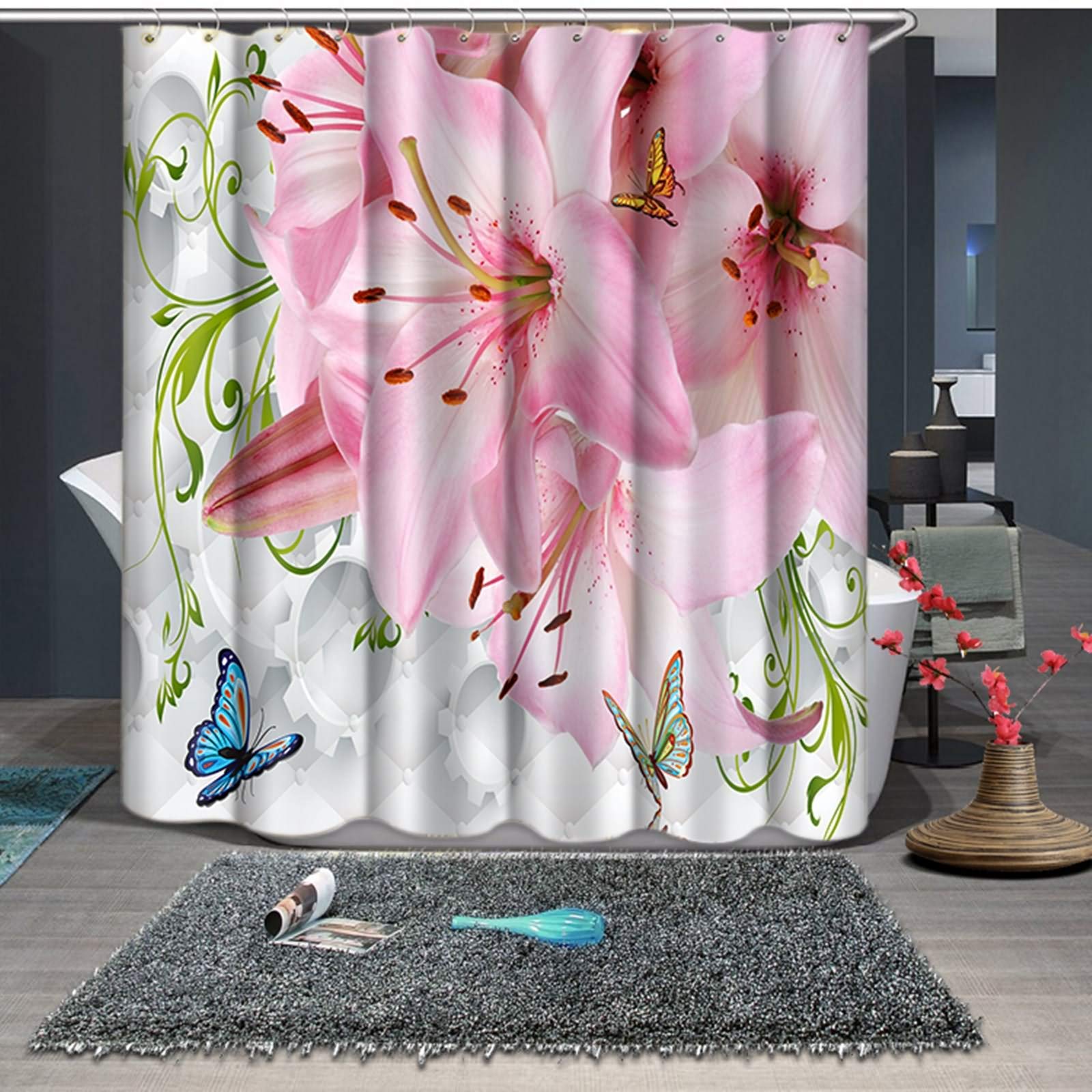 Rideau de douche rose et blanc avec motif fleurs et papillons KnSam 165x180cm