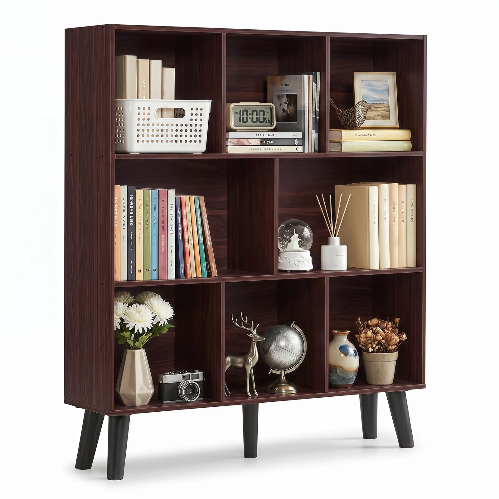 YAHARBO 8 Cube Walnut Bookshelf,5 Tier Book Shelf with Legs,Modern Minimalist Bookcase,Open Book Shelves Storage Organizer,Frees Standing Wooden Display Bookcases for Small Space,Bedroom,Living Room