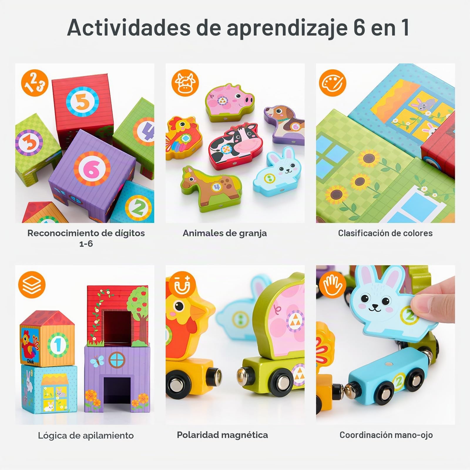 Atoylink Granja Cubos Apilables Bebe, Juguetes Montessori con 6 Cubos Apilables & 6 Animales Granja & 6 Tren Juguete de Madera, Juegos Educativos Aprender a Contar, Regalo para Niñas Niños 3 4 5 Años
