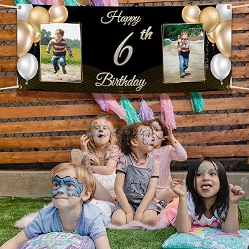 Personalized Happy Birthday Banner - Custom Backdrop With Photos for Any Age - Indoor and Outdoor Decorations (Black Gold)