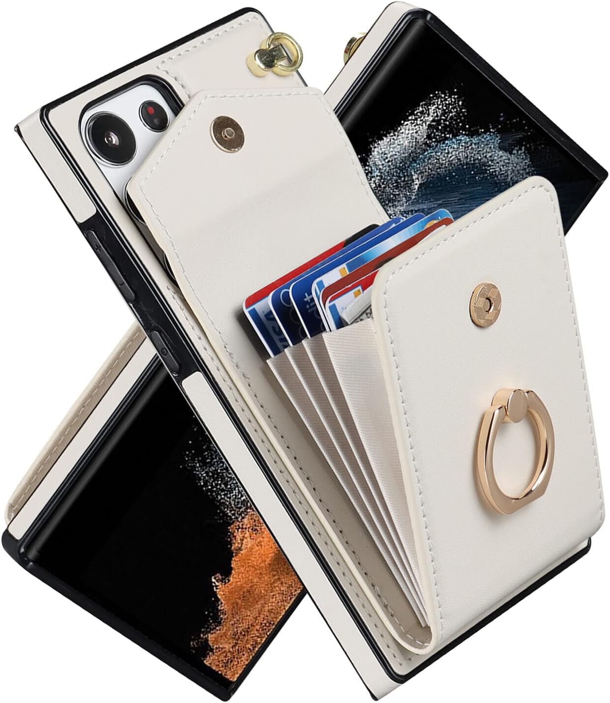 Phone Case for Samsung Galaxy S22 Ultra High-end Stylish Leather Accordion Card Holder,Wallet Phone Case, Anti-Drop Lanyard, Multi-Functional Ring Stand Case, Protective Leather Case.（White）