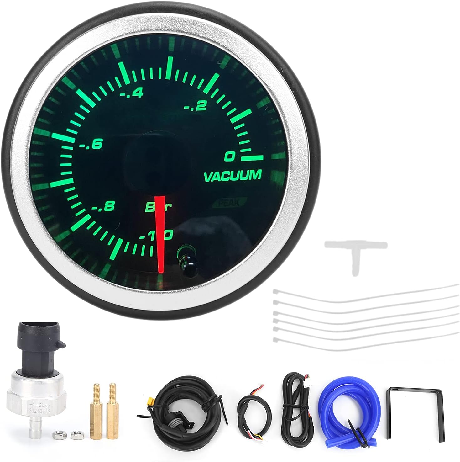 Brilluxa Vacuum Gauge, Boost Gauge Manifold Pressure Meter 52mm -1 to 0 Bar, 12V LED 10-Color Backlight Stepping Motor Sensor Gauge for Gasoline Vehicles Dash Panel