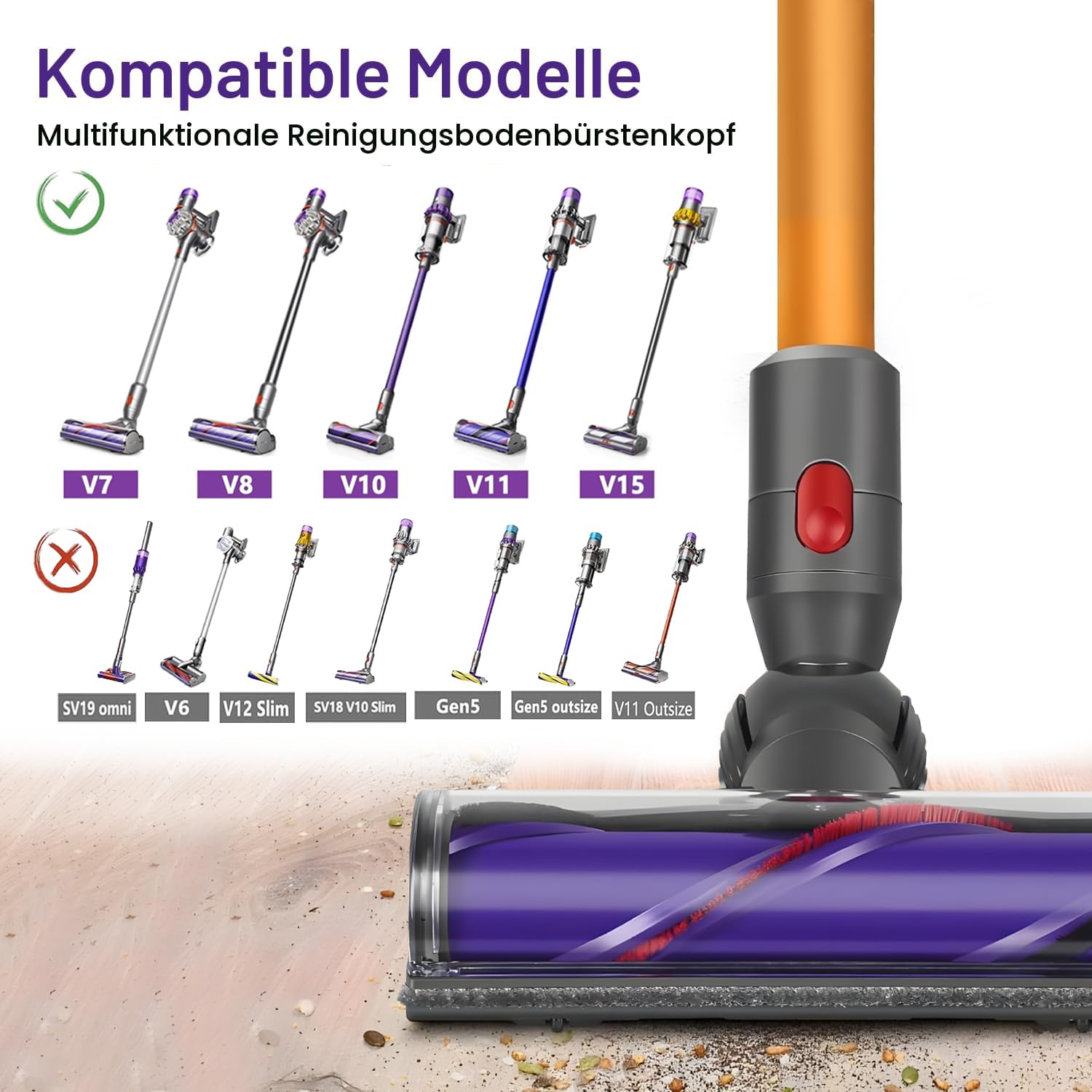 Elektrische Bürste kompatibel für Dyson V7 V8 V10 V11 V15，Ersatzteil Direktantrieb Reiniger Kopf Turbine Bodendüse，Zubehör für Turbobürste mit Schnellspanner für Hartboden und Teppiche