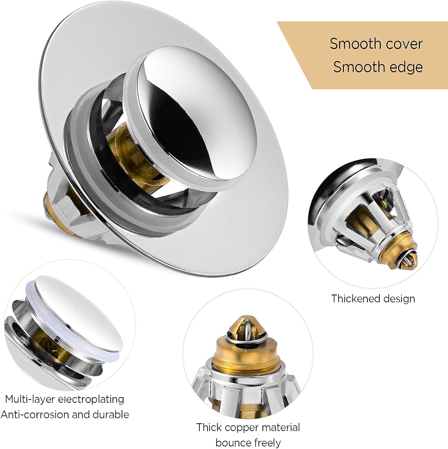 Universal 1 1/4 in Silver Stainless Steel Pop-Up Drain Stopper, Bathroom Sink Stopper Replacement, Sink Drain Hair Catcher