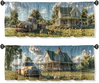 Old Truck Curtain Valance for Windows 2 Pack Rustic Farmhouse Chicken Sunny Day Rod Pocket Window Treatments Short Curtains for Kitchen Windows Bathroom Bedroom 54x18 Inch