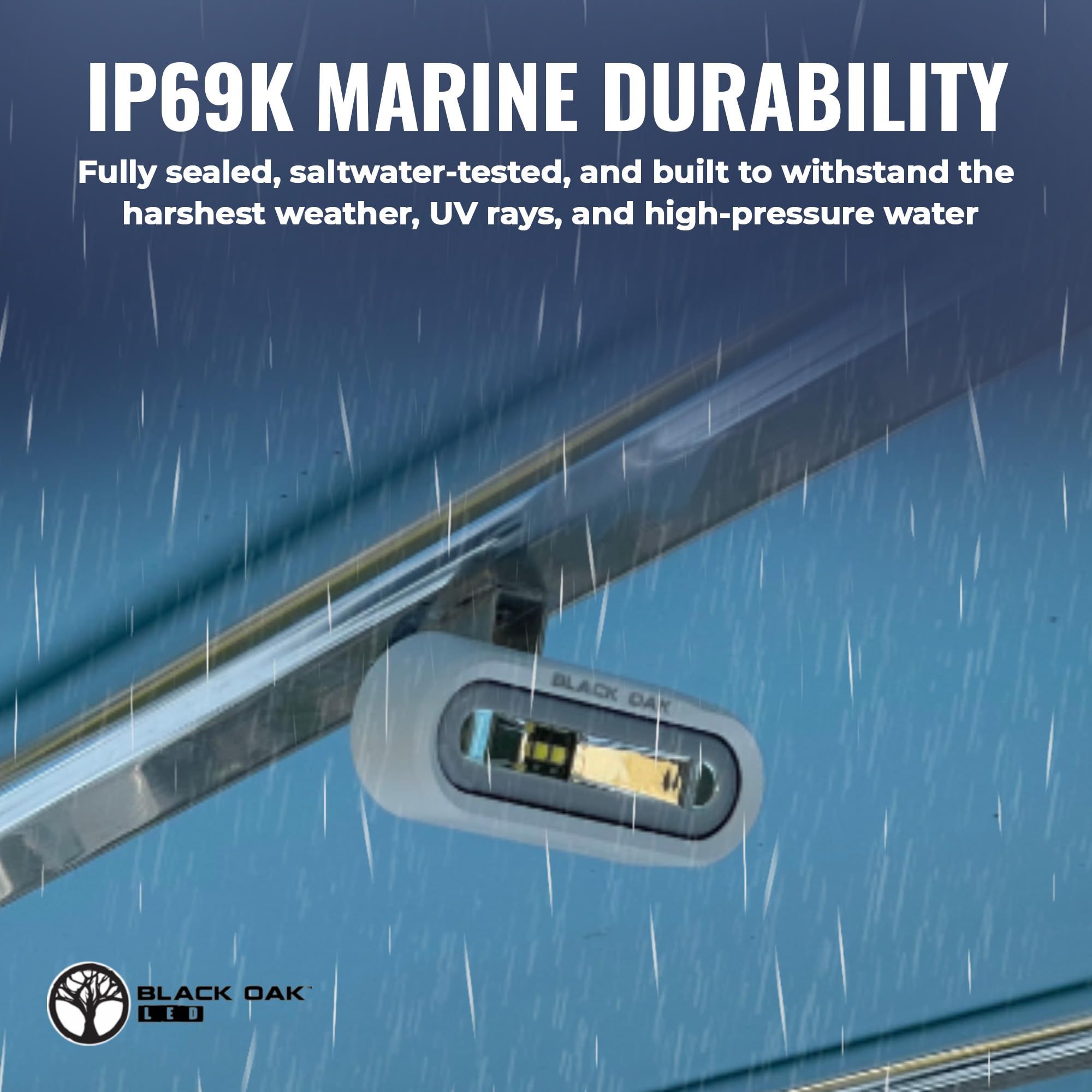 Black Oak Low Pro™ Waterproof Marine Spreader Lights – LED Deck or Dock Light Bar, 2000 Lumens, 120° Beam, IP69K, Bracket Mount (Black Housing, Amber Halo)