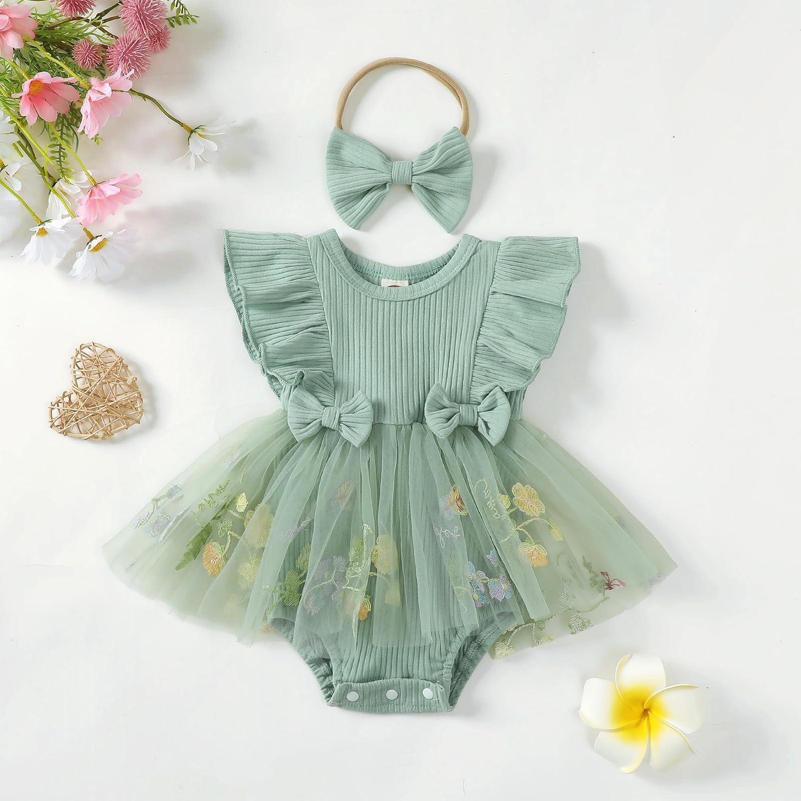 Baby Girl Summer Clothes Newborn Romper Tulle Tutu Dress Cute Toddler Birthday Dresses Infant Photoshoot Outfit (J Green, 0-3 Months)