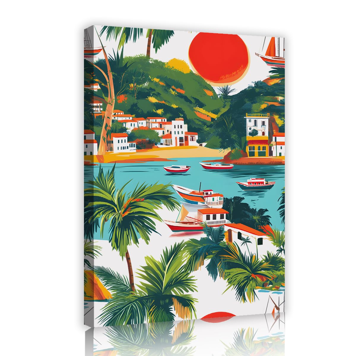 TOANGWALL Tropical Coast Canvas Wall Art Red Sun Coastal Village Painting Palm Tree Sea Holiday Scenery Mural Pictures Artwork Modern Framed Poster Prints for Office Kitchen Decor 75x115cm