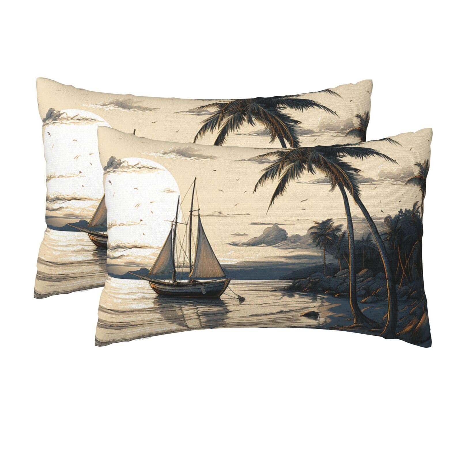 2 Pack Queen Pillow Cases with Hidden Zipper, Soft Breathable Pillow Covers for Hair and Skin, Palm Trees Fishing Boat Pillowcases 20"x30" Bed Pillow Protectors Cover for Sleeping Gifts