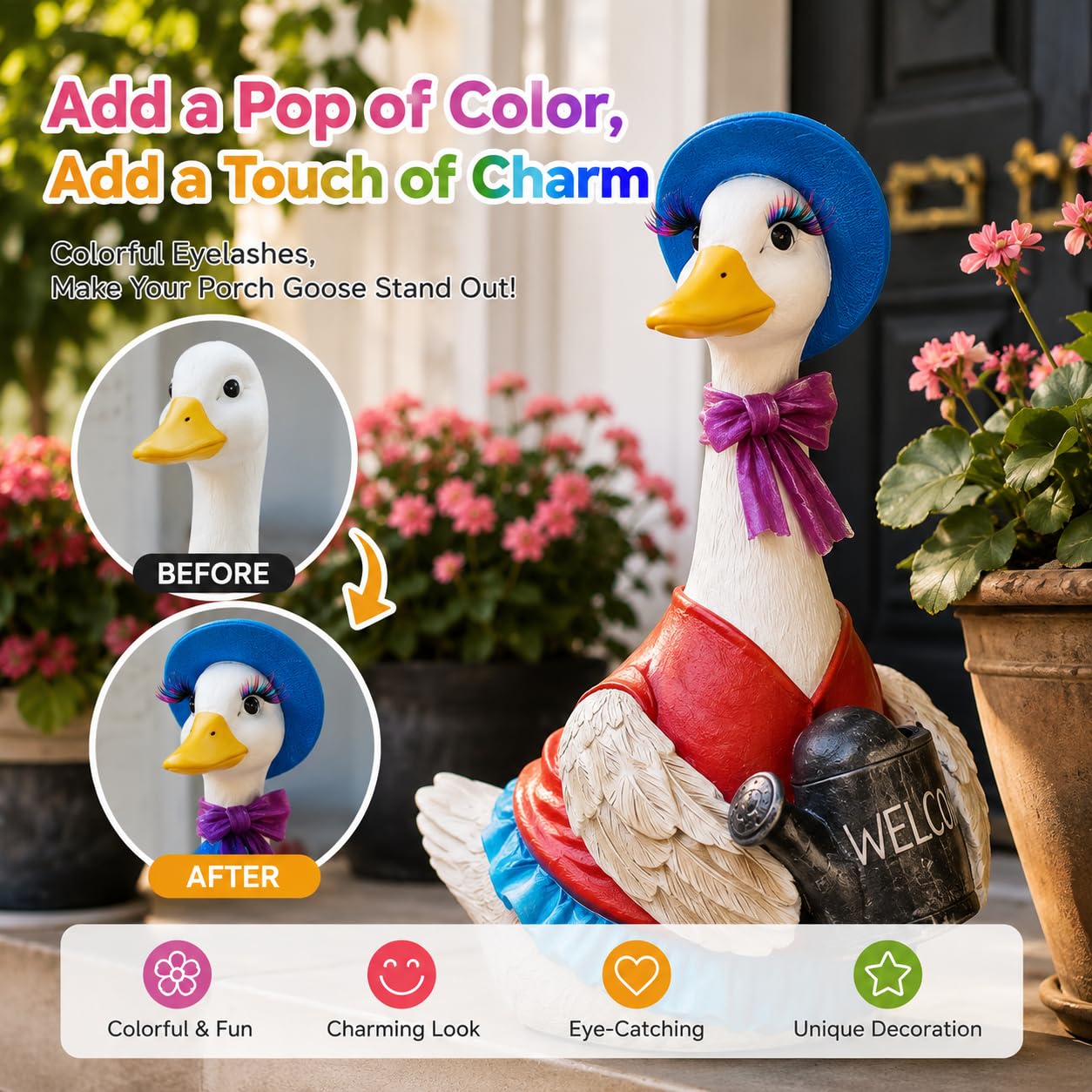 7 Pcs Porch Goose Eyelash Set for 23/17'' Plastic Lawn Goose Statue – Mink Fake Lashes with Color Tips, 3D Salon Style, Reusable Outdoor Patio Garden Decoration