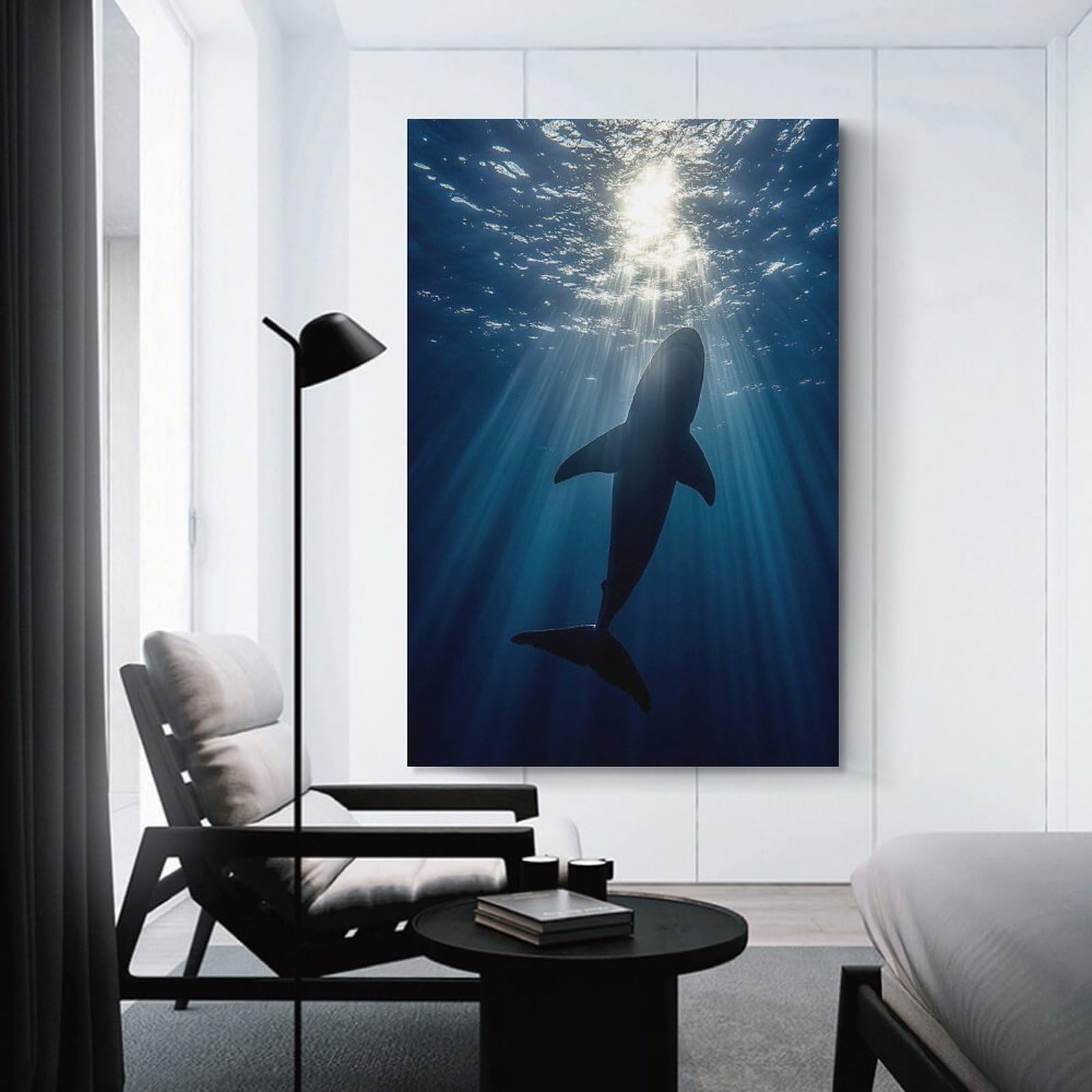 Junmoney Unframe-Style-2-1 Canvas Wall Art Great White Shark In Ocean Depths, 20X30inch(50X75cm), For Living Room, Bedroom, Office Or Hallway, Decorative Artwork With Broad Appeal