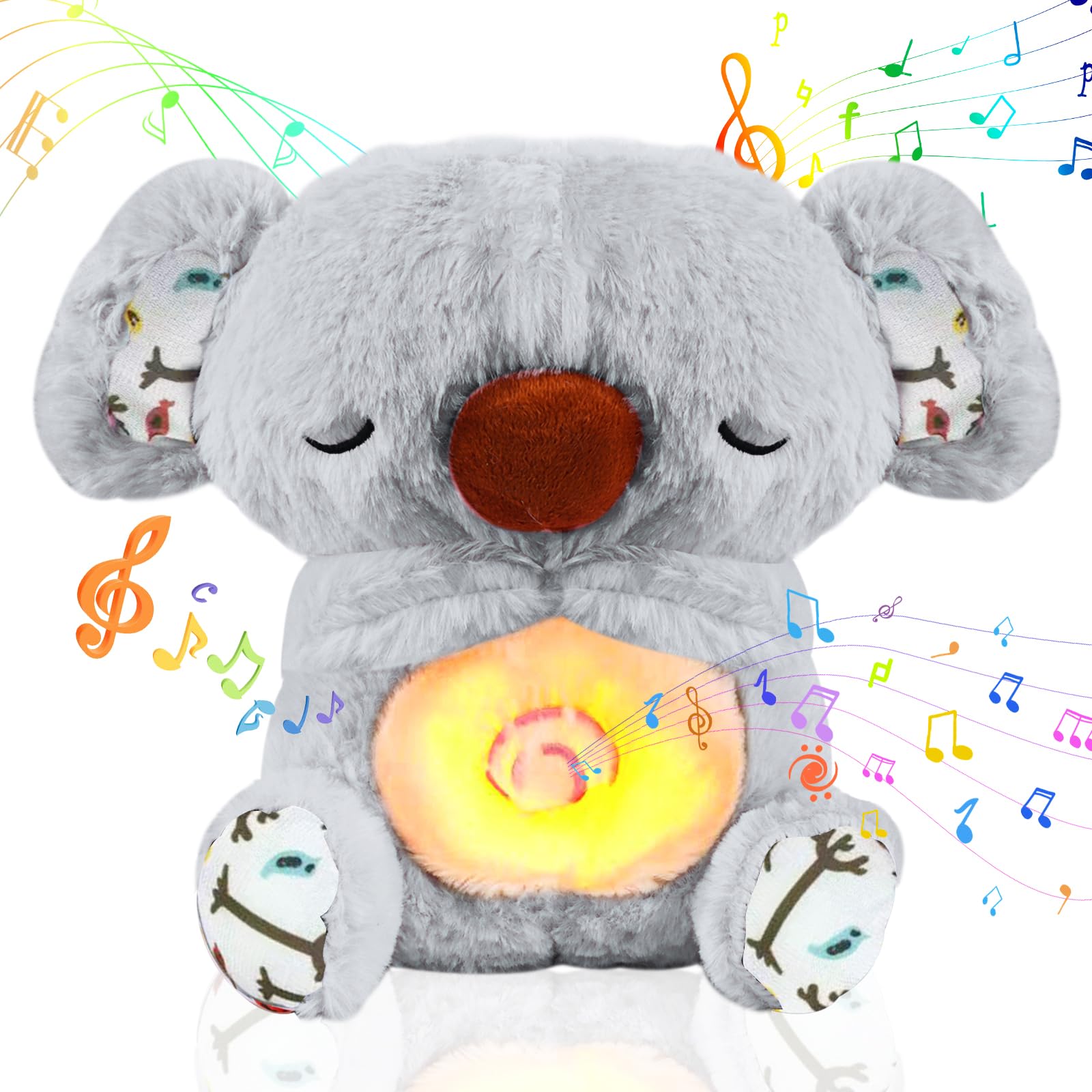 Koala de Peluche Antiestres para Dormir y Aliviar La Ansiedad, Oso Relajante Con Luces Musicales y Movimiento de Respiración (Gris)