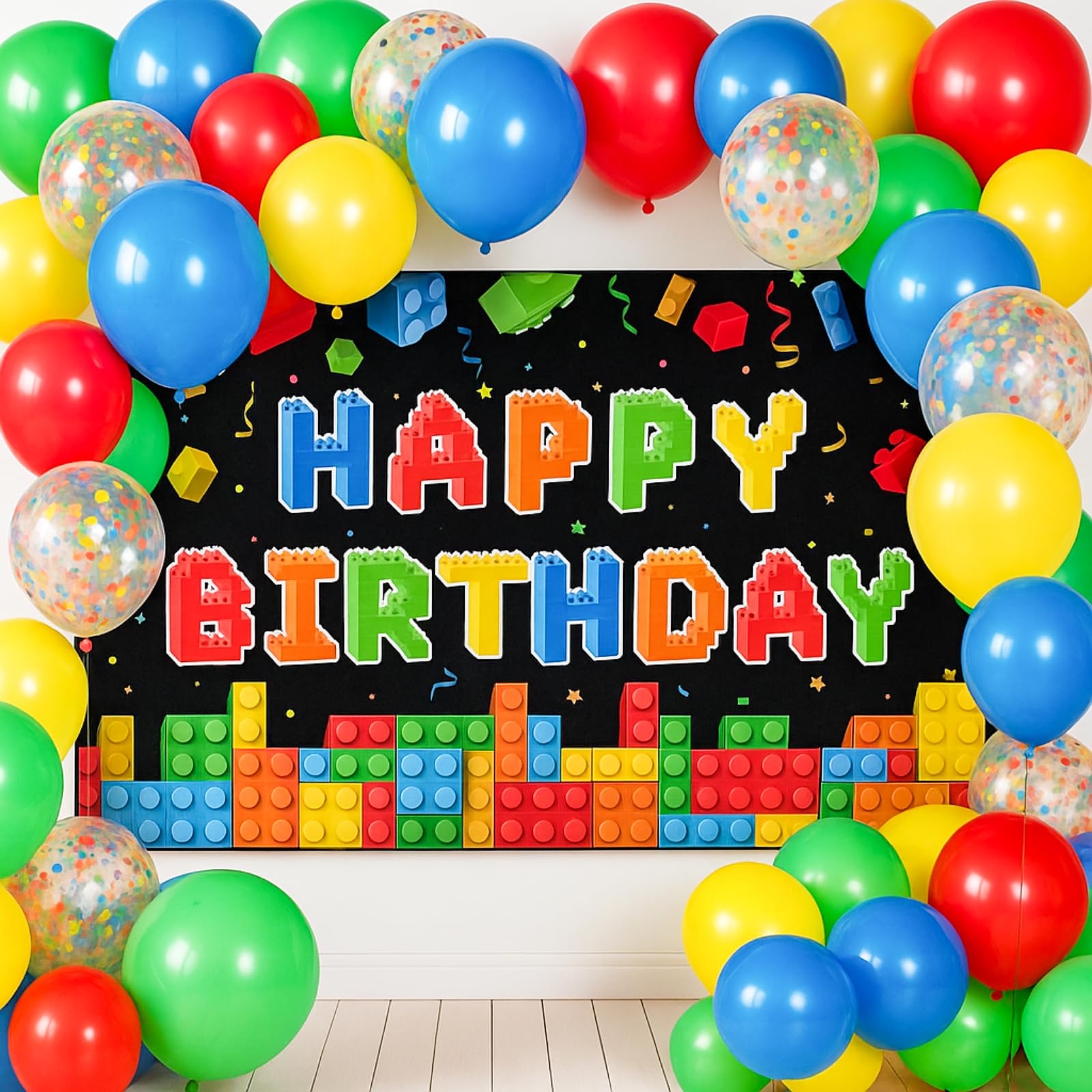 Blosssound Building Block Birthday Party Decorations Color Block Backdrop Banner Decor 114 Pcs Brick Theme Balloons Arch Kit for Men Women Building