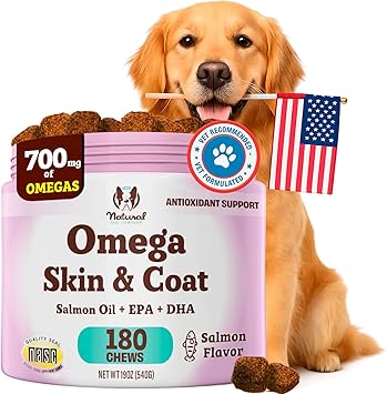 Natural Dog Company Omega Chews for Dogs Skin & Coat Support with Salmon Oil & Omega-3 Fatty Acids, Helps Itchy Skin, Dryness, Shedding, Supports Joints, Heart,Immune System & Overall Health 180 cnt