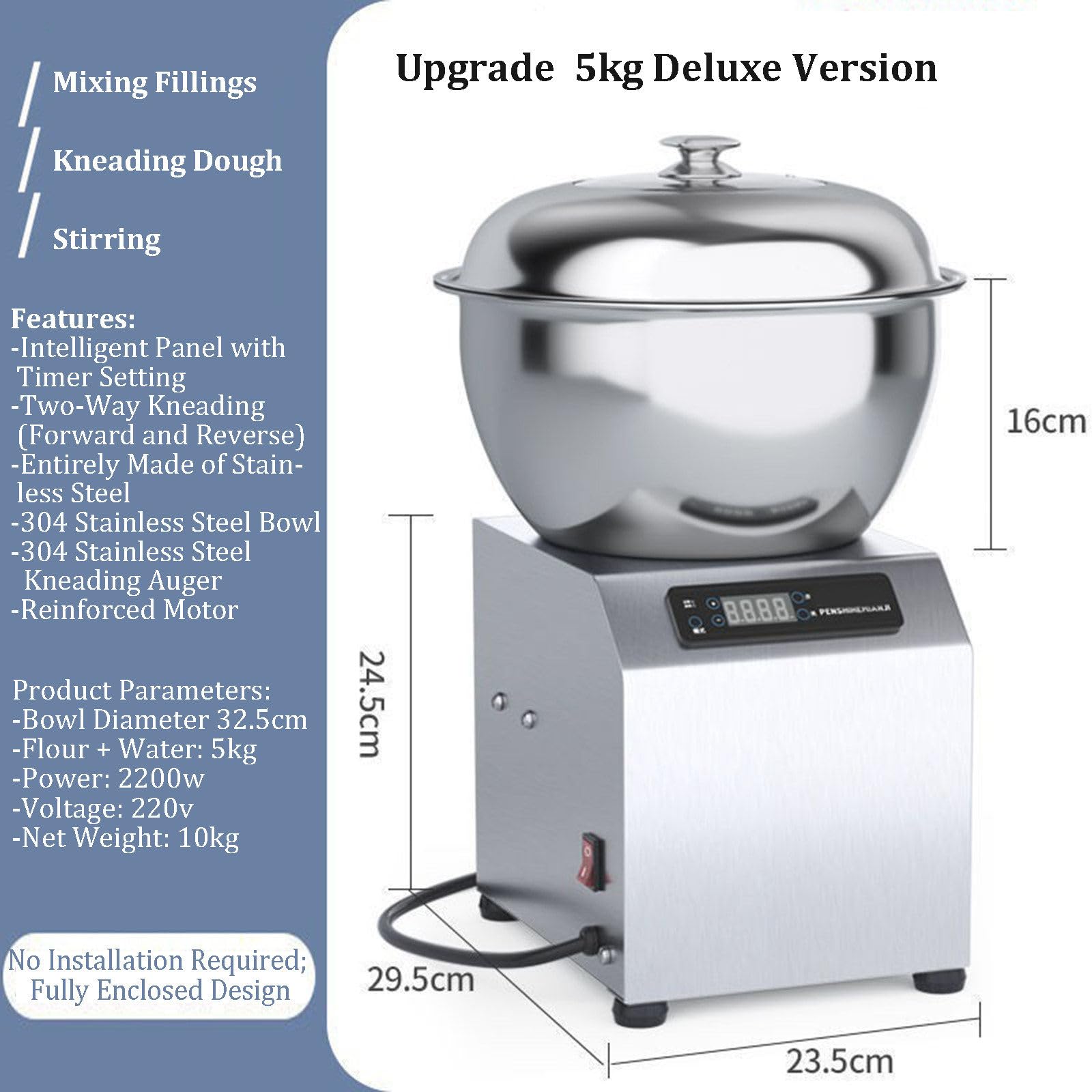 Impastatrice a Spirale Elettrica da 2200 W con Doppia Rotazione, Impastatrice Robusta in Acciaio Inox con Ciotola, Coperchio E Timer da 30 Minuti, per Panetteria, Pizzeria E Ristorante 5kg