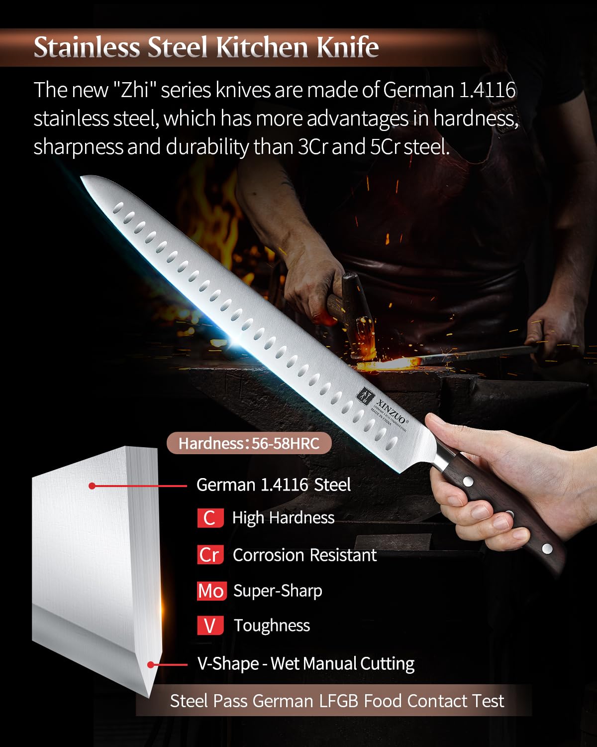 XINZUO Edelstahl 30cm Tranchiermesser, scharf Schinkenmesser Deutschem 1.4116 Edelstahl Küchen Brisketmesser,Profi Aufschnittmesser Koch Fleischmesser,Full Tang Griff Red Sandalwood,mit Geschenkbox
