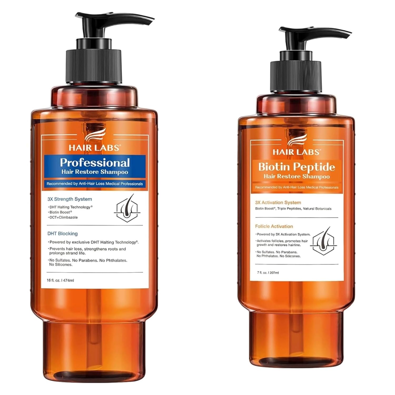Professional Strength Hair Restore Shampoo 16 Fl Oz & Hair Labs Biotin Peptide Hair Restore Shampoo 7 Fl Oz
