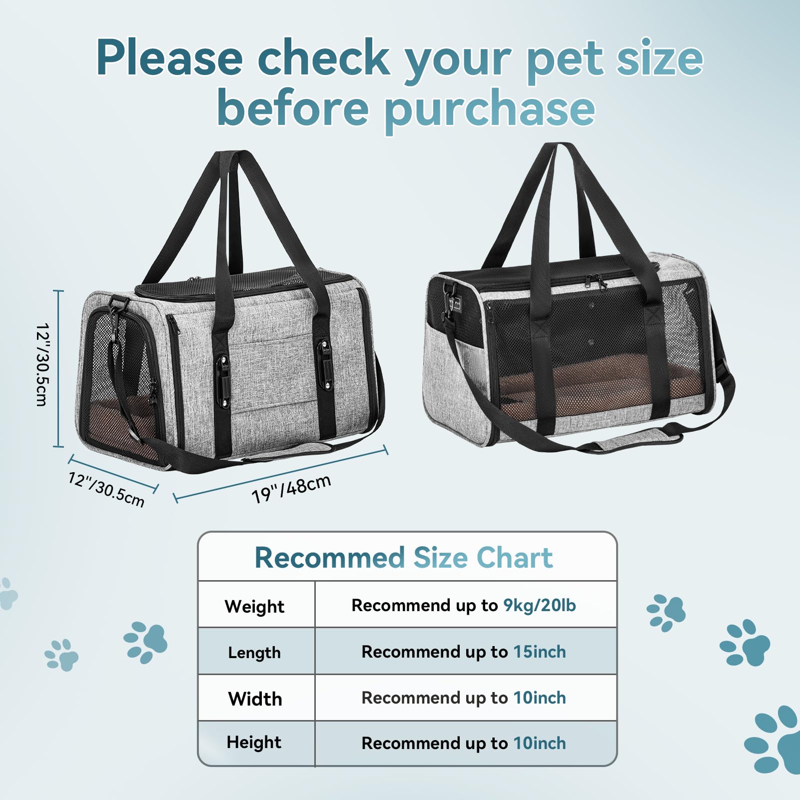 Petsfit Transportín para gatos y perros para coche, transportador para perros, plegable, con 2 hebillas patentadas para asiento de coche, red de 4 lados y cojín extraíble, L/gris