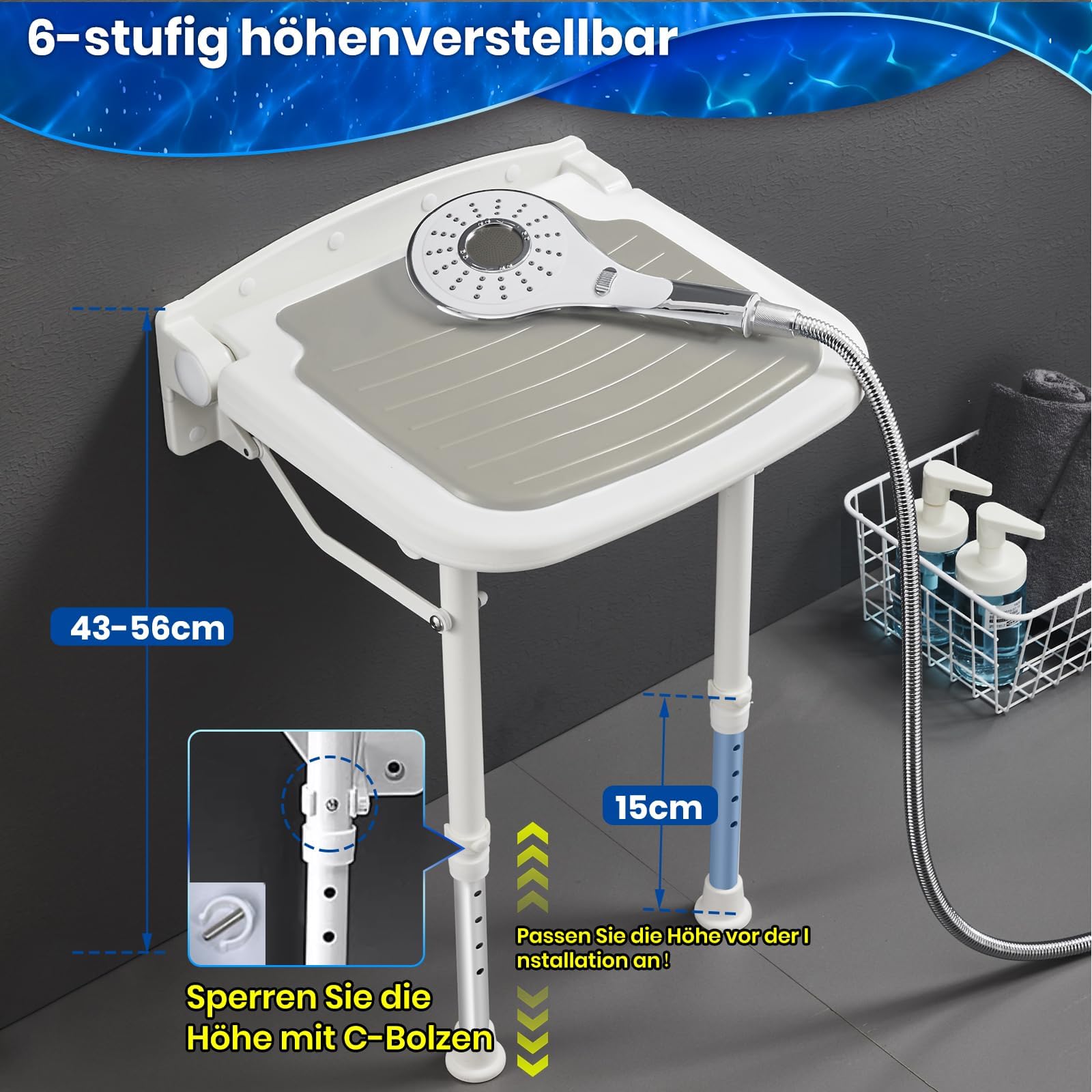Asiento plegable de ducha para montaje en pared con reposabrazos, asiento de ducha plegable montaje en pared, para personas mayores, silla de ducha silla de baño