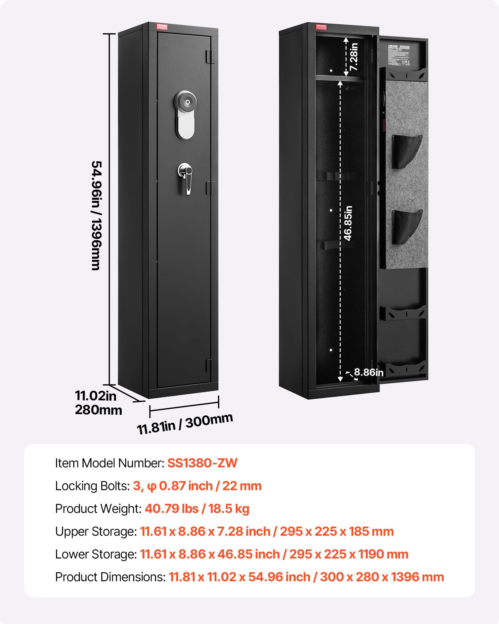 VEVOR Cassaforte per Armi Fuciliera 300 x 280 x 1396 mm, Armadio Ignifugo per Fucili in Acciaio Laminato a Freddo per Impieghi Gravosi con Tastiera Digitale e Chiave, Grande Armadio per Armi Lunghe