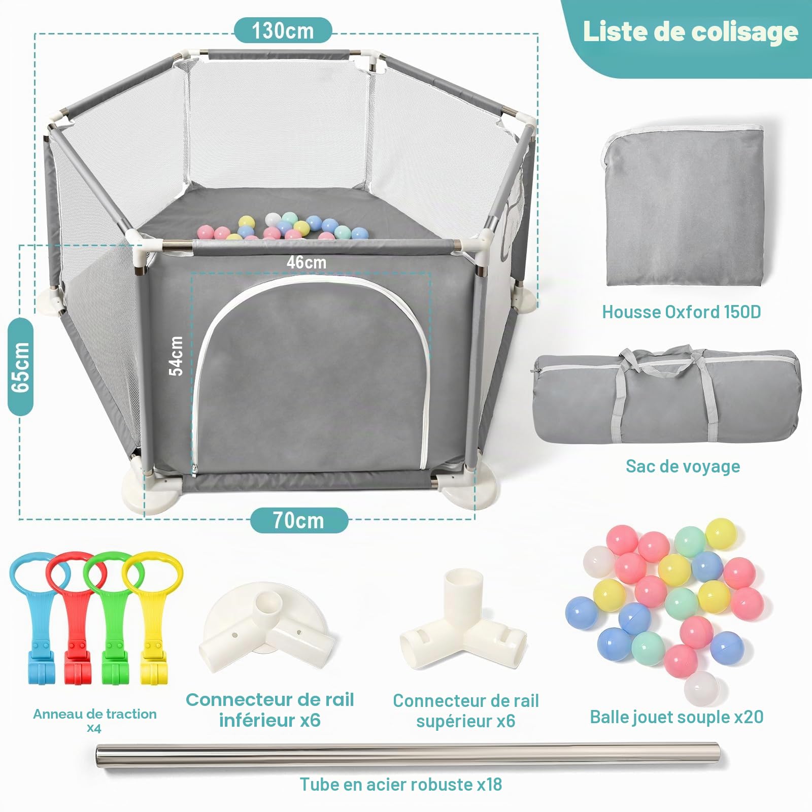 CHOLY Parc pour bébé et tout-petits, parc hexagonal stable avec filet respirant, clôture d'activités pour enfants pour l'intérieur et l'extérieur avec sac de voyage (gris clair)